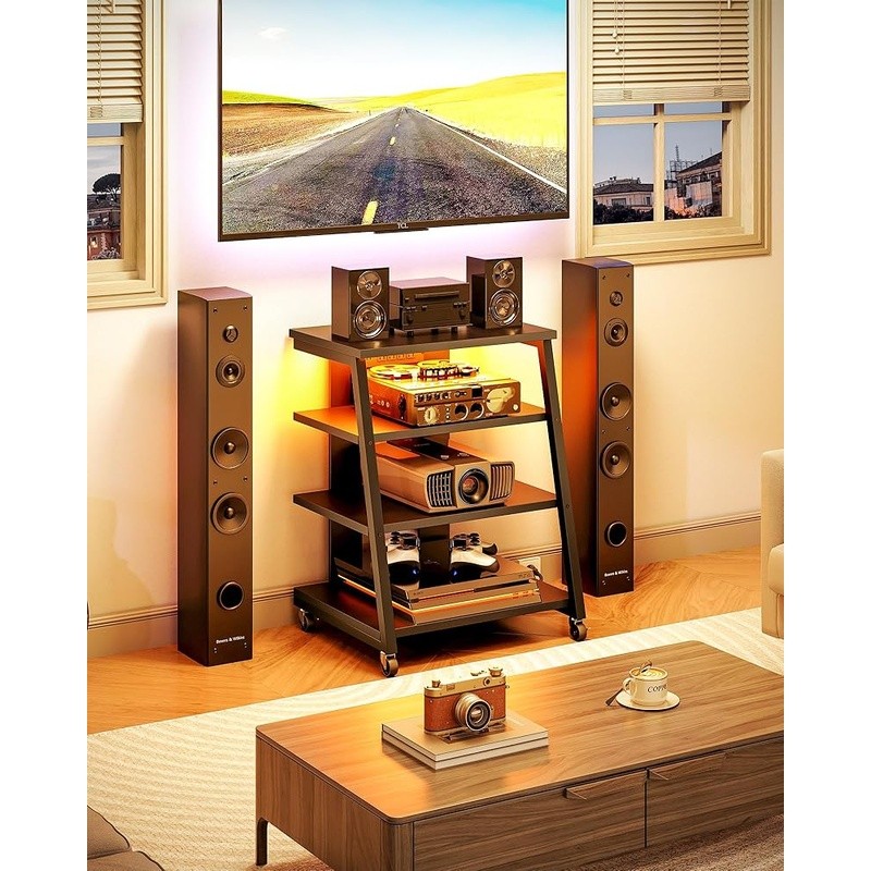AV Media Stand Adjustable LED Lights 4 AC Outlets 2 USB Ports Rolling Storage