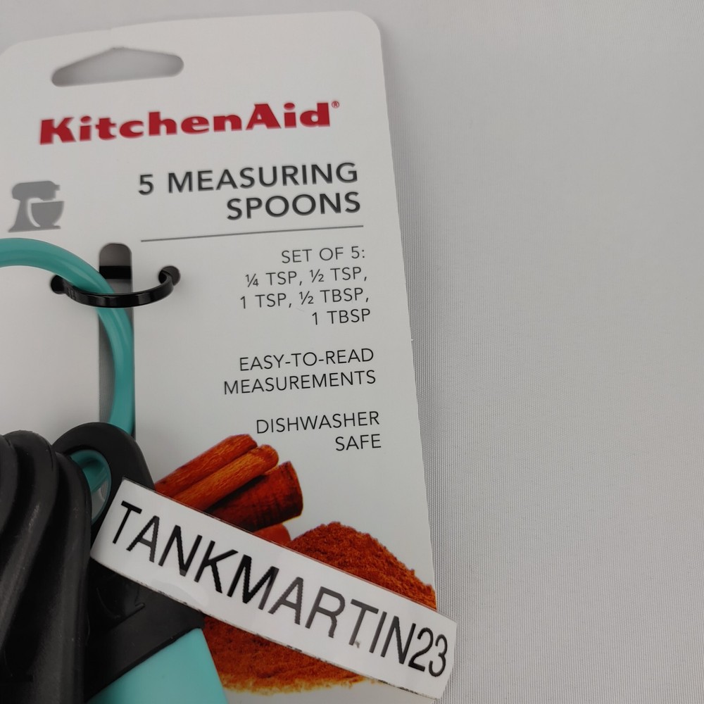 Kitchenaid 5 Measuring Spoons Set Aqua Blue KE057MLAQA Rubber Tips Grip Cups