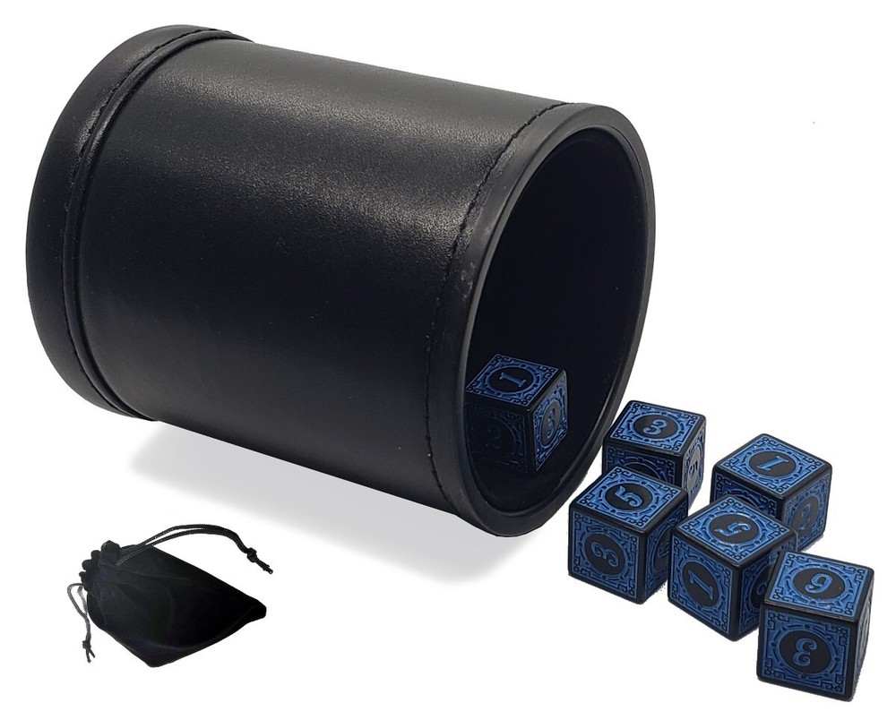 (6) 16mm Numbered Dice Blue Black + PU Leather Black Felt Lined Dice Cup