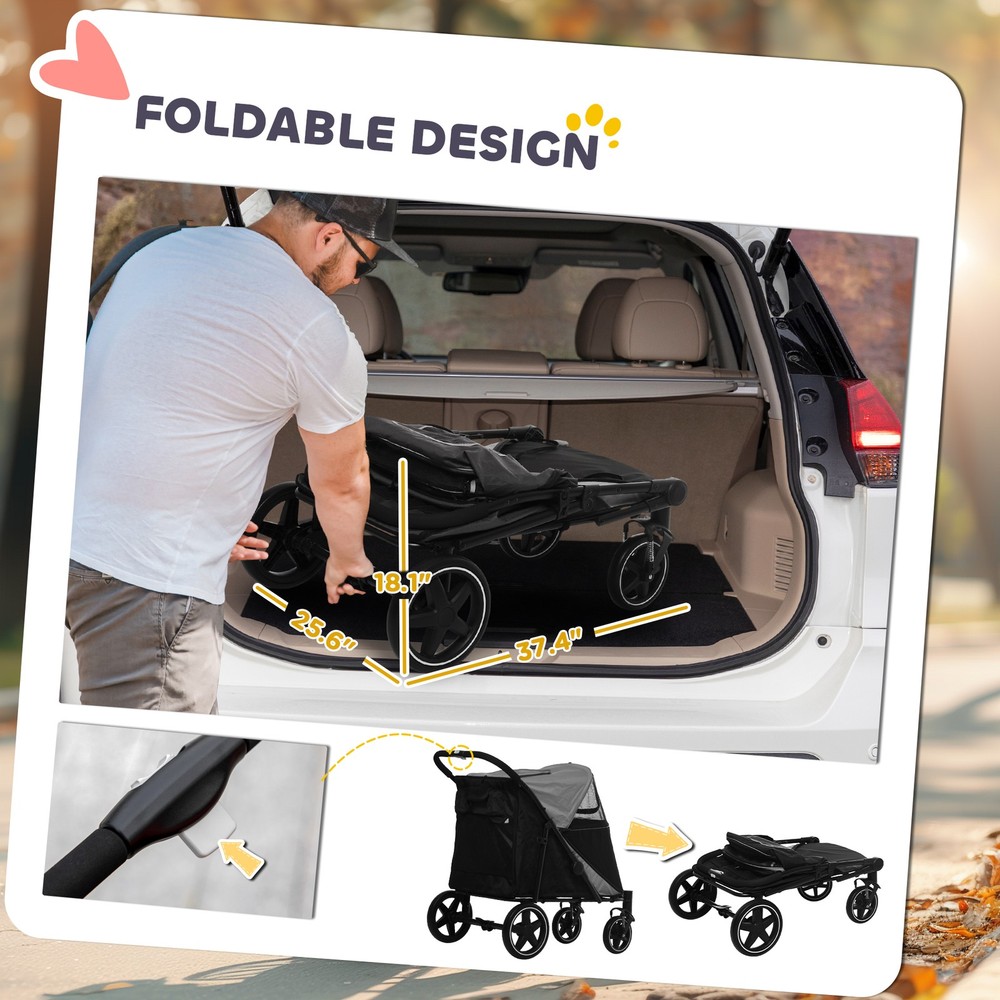 PawHut One-Click Foldable Pet Stroller With Shock Absorber, Gray