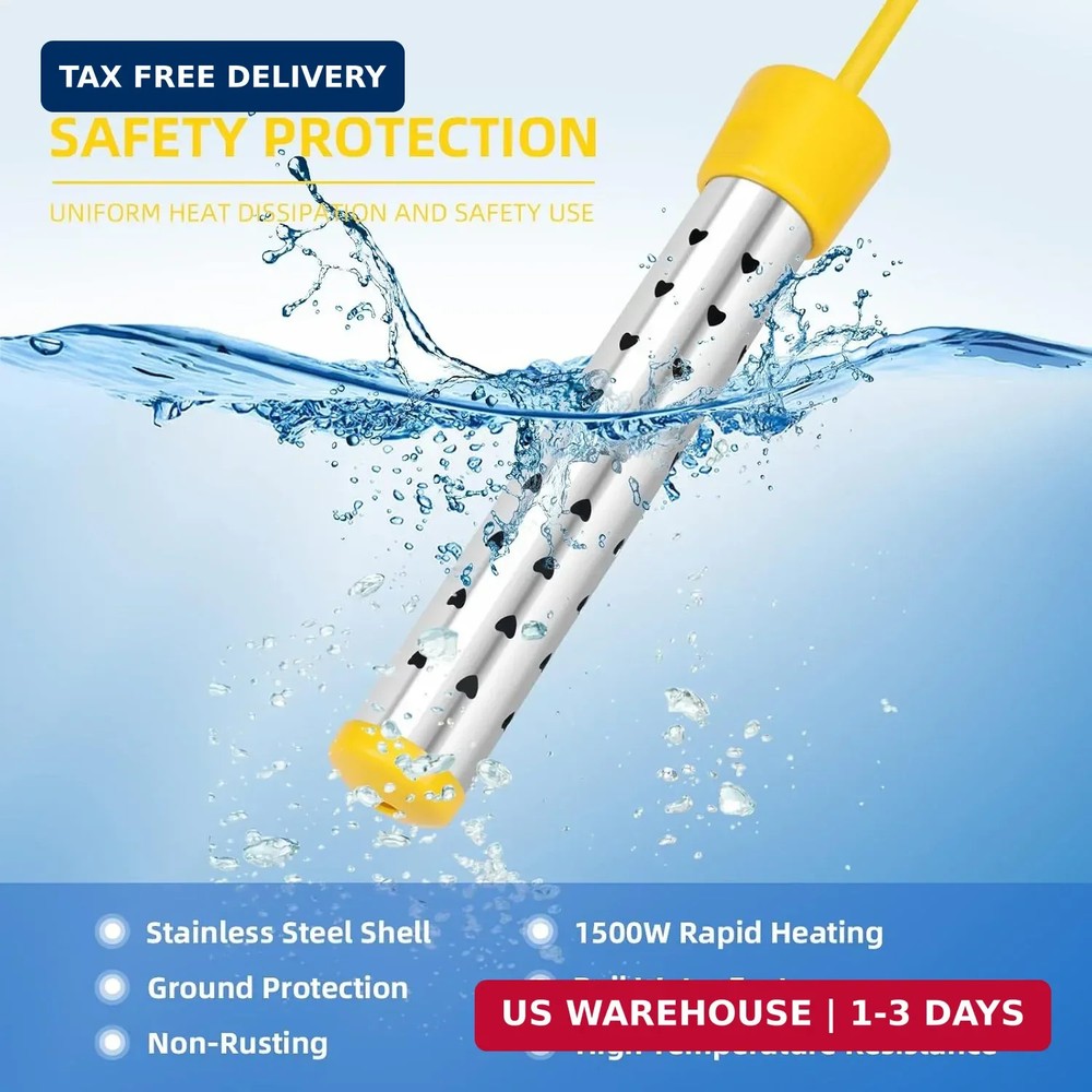 1500W Immersion Water Heater with Digital LCD Thermometer & Stainless Steel Guar