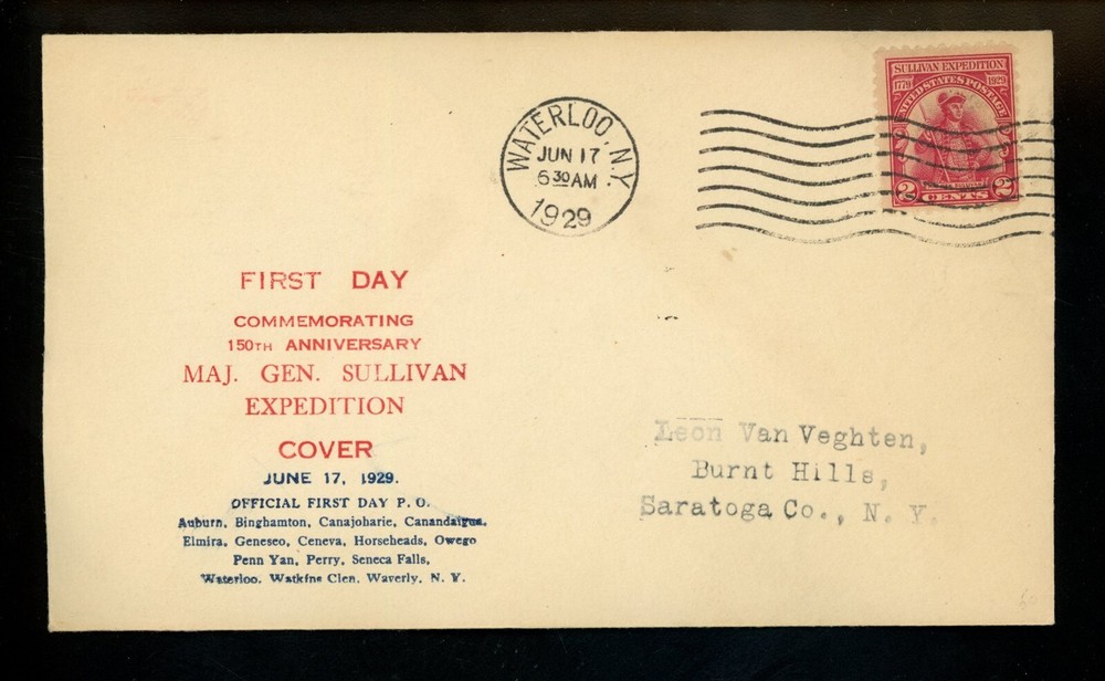 US FDC #657 Unknown M-49 1929 Waterloo NY Sullivan Expedition