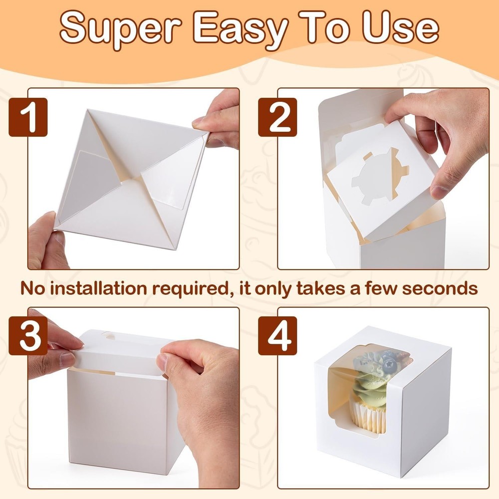 28PCS Cupcake Boxes Individual Containers Window Inserts Stackable White
