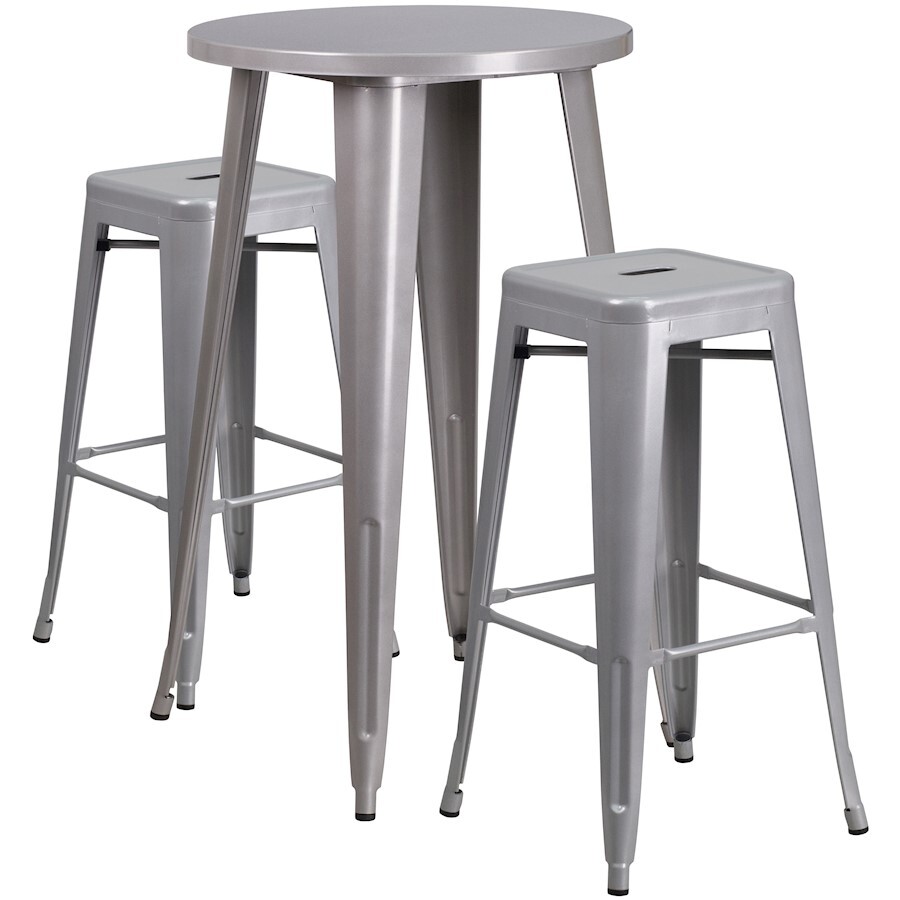 Flash Commercial Grade 24" Round Silver Metal Bar Table Set & 2 Backless Stools