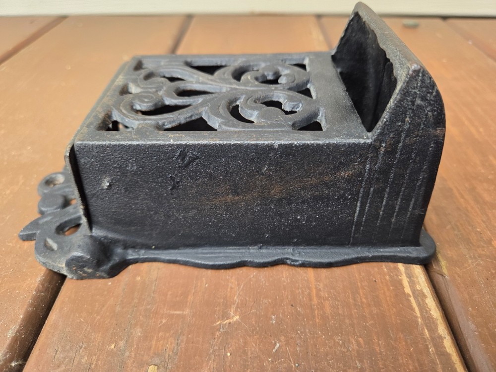 Vintage Cast Iron Match Holder with Lid 7" Wall Mount Black