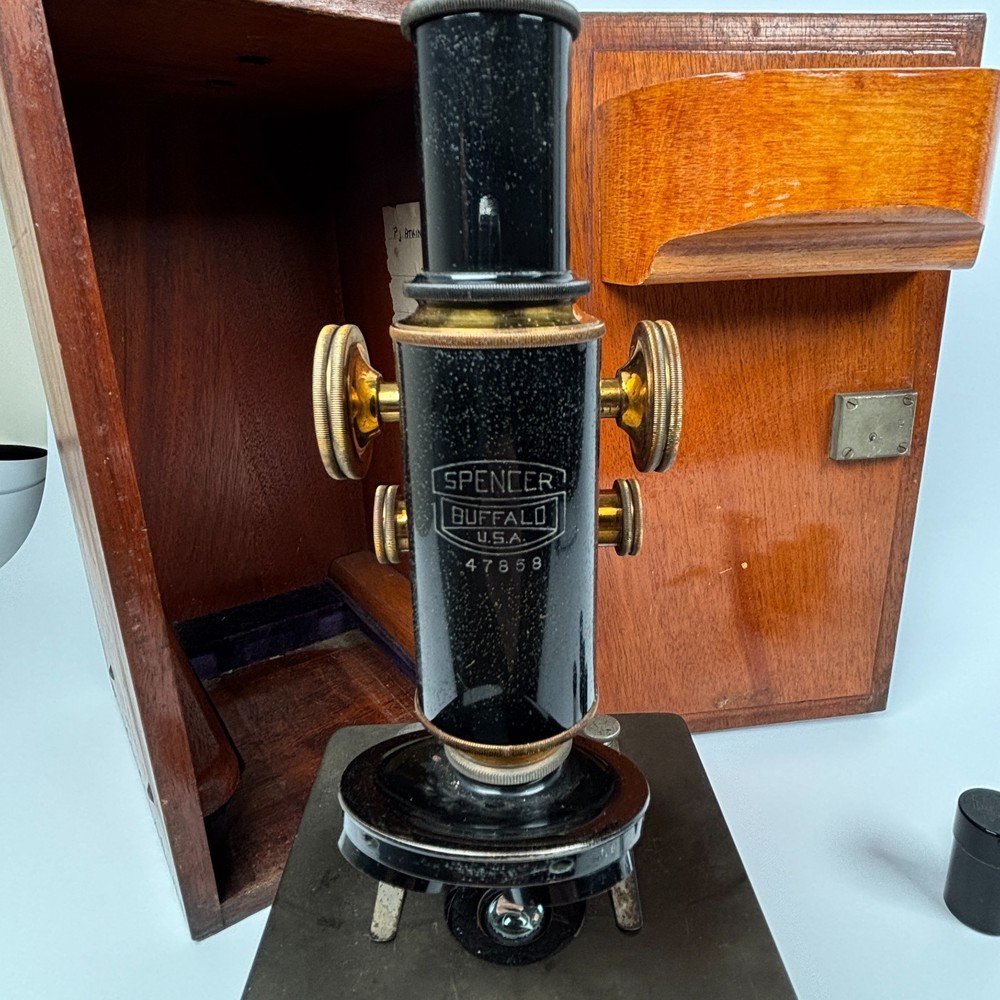 Spencer Buffalo Microscope Monocular + 3 Objectives & Case circa 1918 Antique