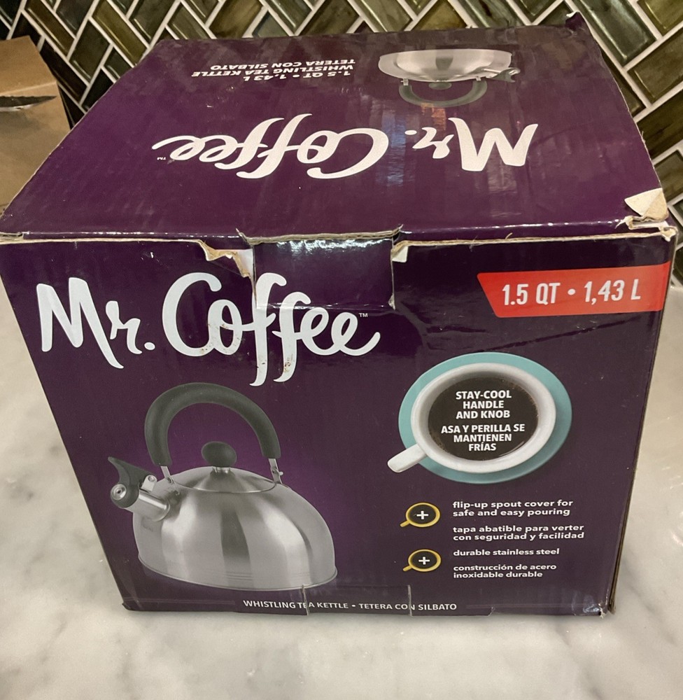 Mr. Coffee Carterton Stainless Steel Whistling Tea 1.5-Quart  Stay Cool Handle