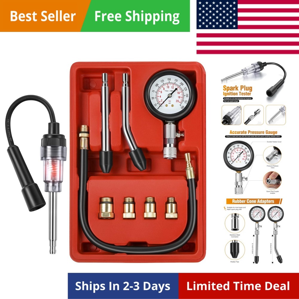 9 Pieces Automotive Compression Tester Kit and Spark Plug Tester, Universal C...