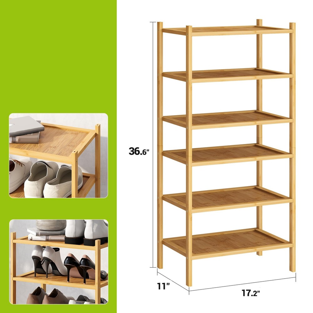 6-Tier Bamboo Small Shoe Rack Premium Stackable Shoe Shelf Storage Organizer ...