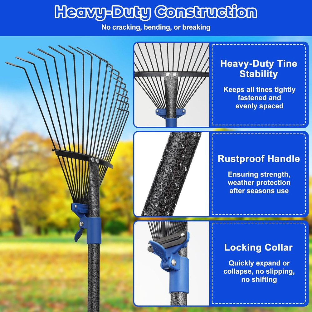 Garden Leaf Rake Set: 18 Tines Adjustable Rake, 2 Leaf Scoops, 32Gallon Leaf Bag