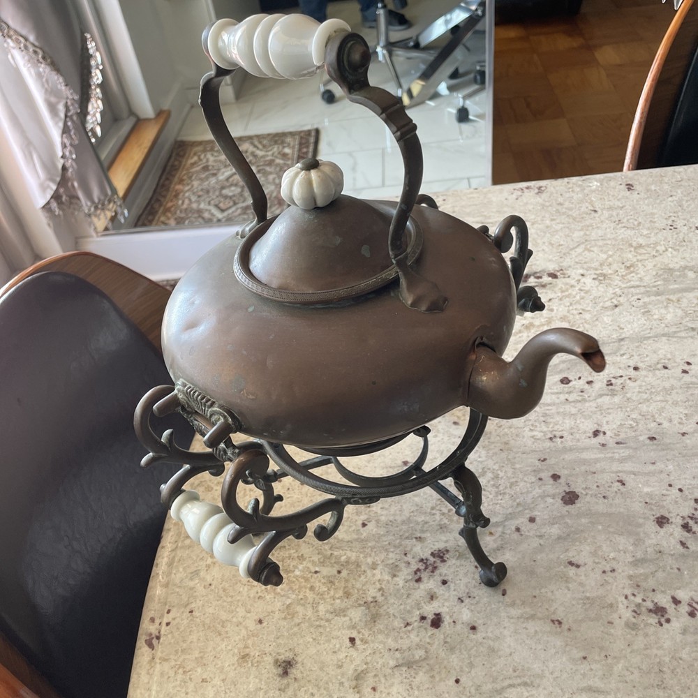 ANTIQUE COPPER BRASS TEA POT KETTLE ON STAND