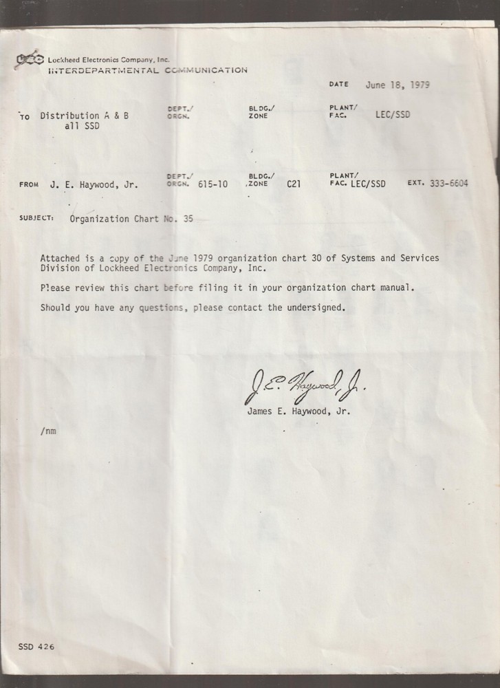 Lockheed Electronics Letter Head and System/Services Division 1979
