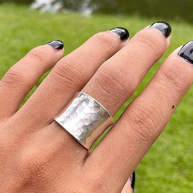 Hammered Sterling Silver Wide Band Ring, Handmade Shiny Silver Wrap Ring, can be