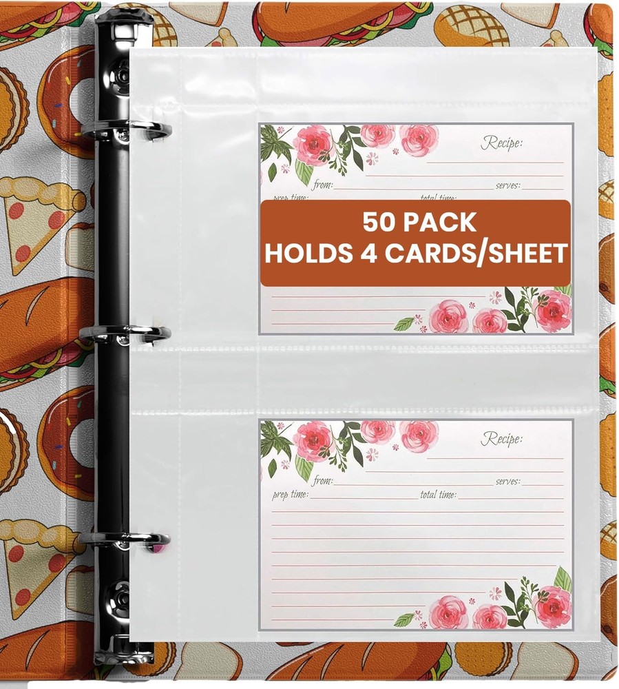 Recipe Card Protectors 4x6 for 3 Ring Binder, 50 Pack – Clear Plastic