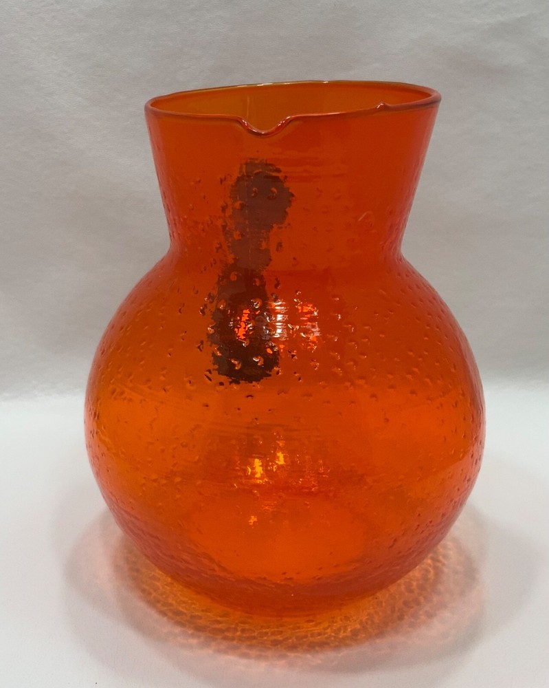 HAND BLOWN ORANGE TEXTURED BUBBLE GLASS PITCHER W APPLIED COBALT BLUE HANDLE