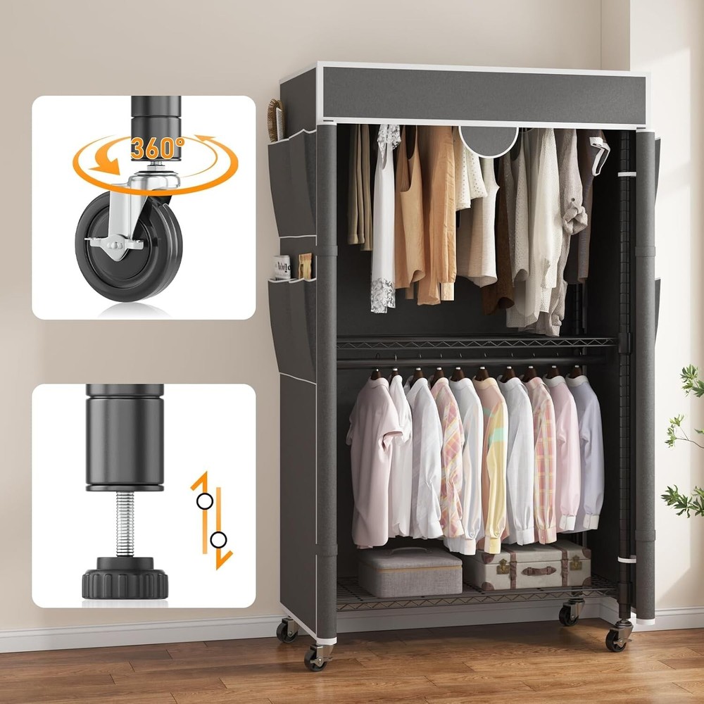 Rolling Garment Rack w/Oxford Fabric & Convenient Side Pockets & Secure Strap#