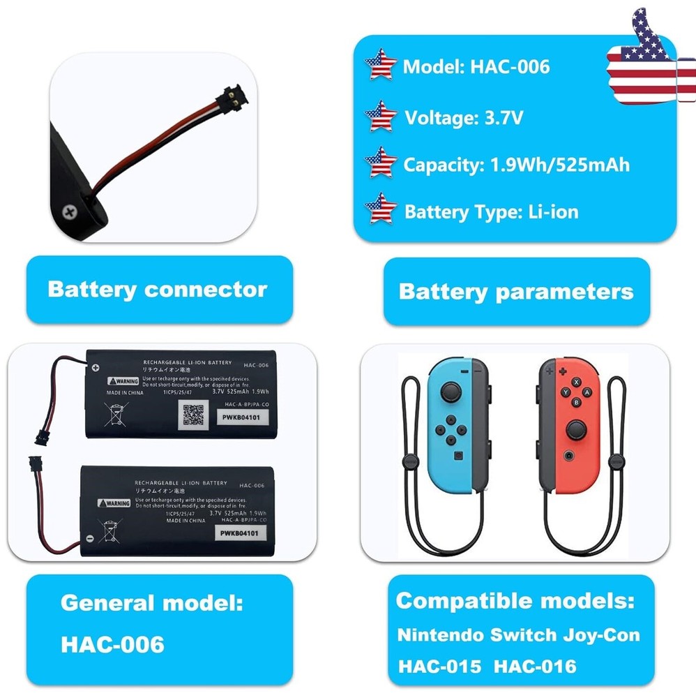 HAC-006 Battery Replacement for Nintendo Switch Joy-Con 525mAh, 2Pack