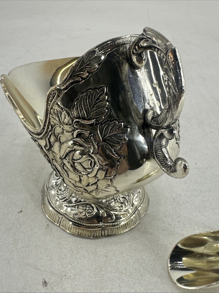 Vintage Silver Plated Sugar Scuttle Bowl Raised Floral Pattern With Spoon