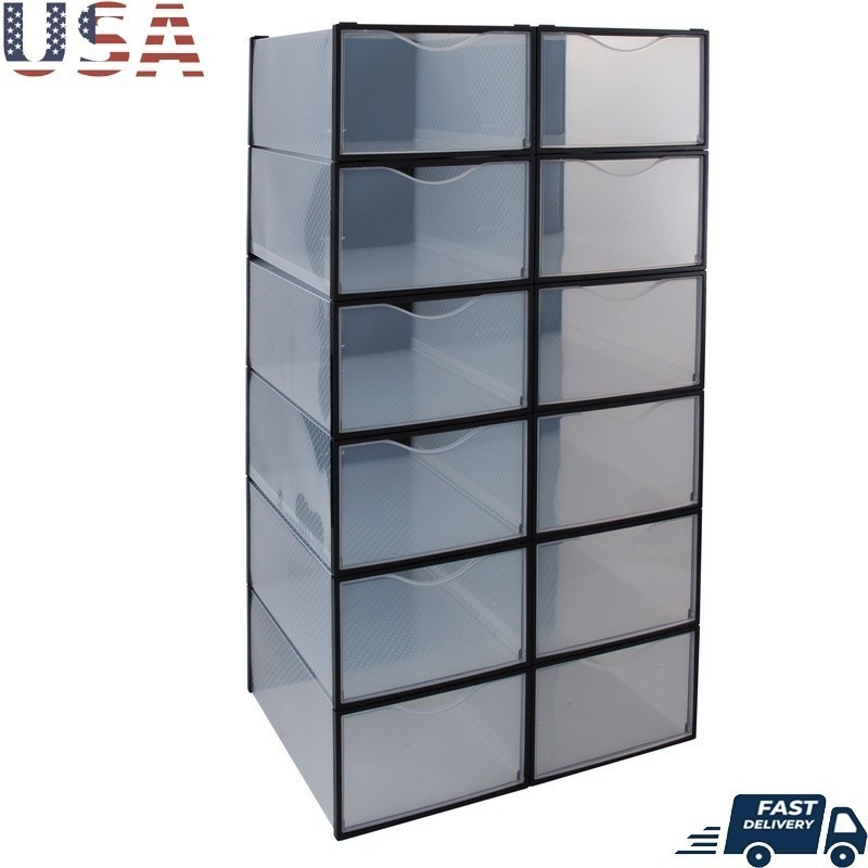 12 Stackable Shoe Boxes Clear Drop Front Easy Access Organizer Storage Solution