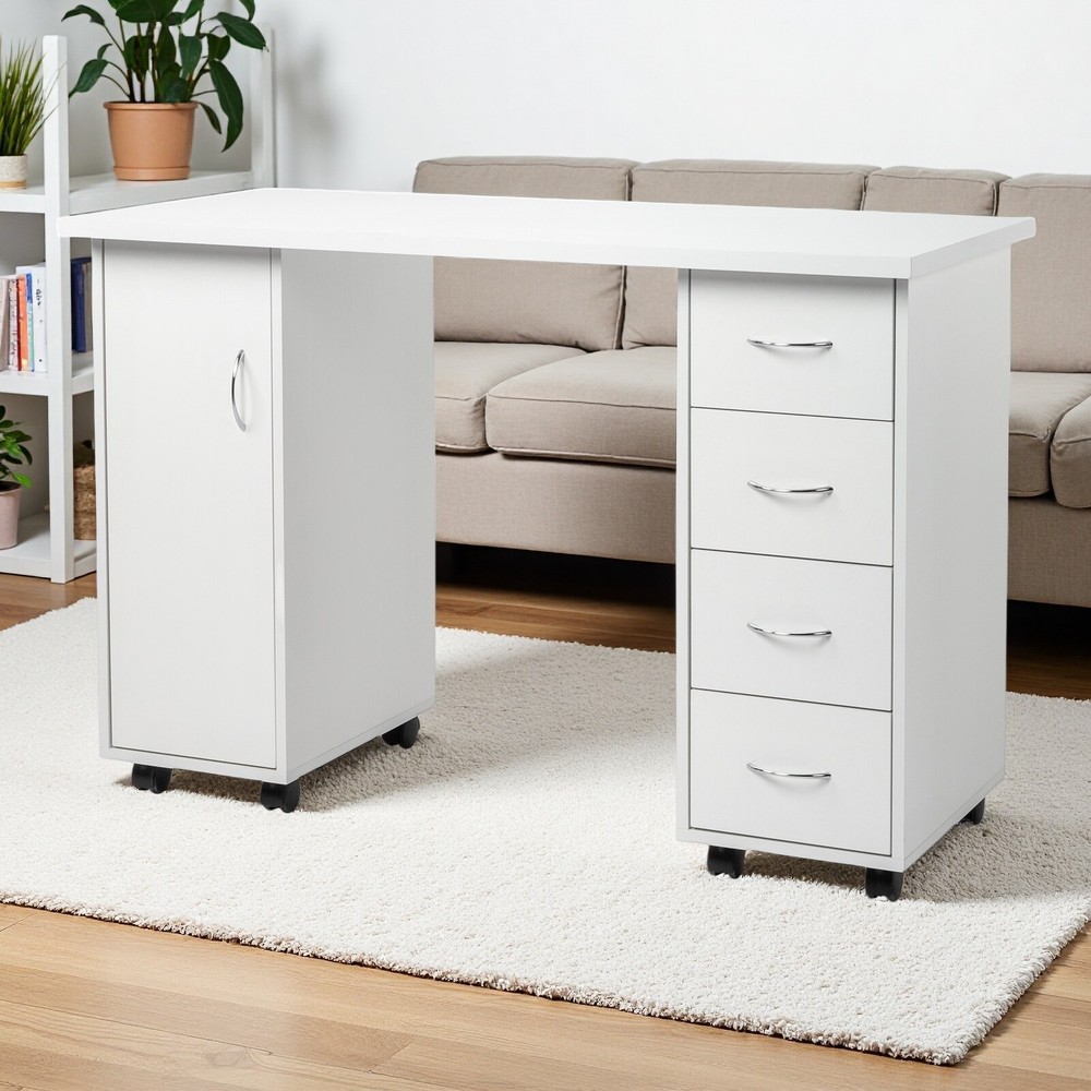Rolling Computer Desk - White, 4-Drawer, 2 Shelves Storage & MDF ​Nail Table​