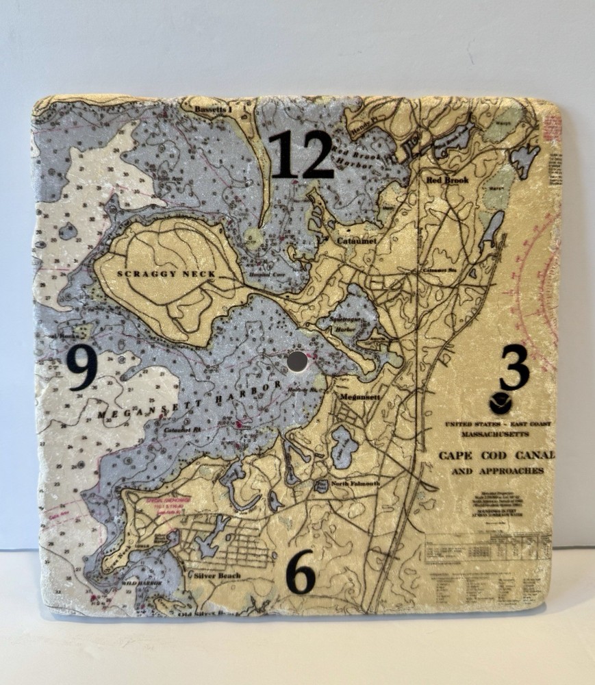Nautical Chart Cape Cod Canal Clock Face(only)Botticino Marble HandCrafted N.Eng