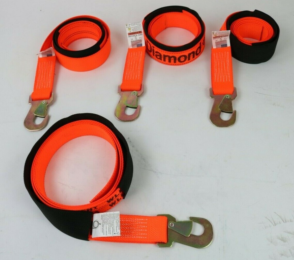 2" x 8' Orange Diamond Weave Wheel lift strap with Flat Snap Hook (4 Pack)