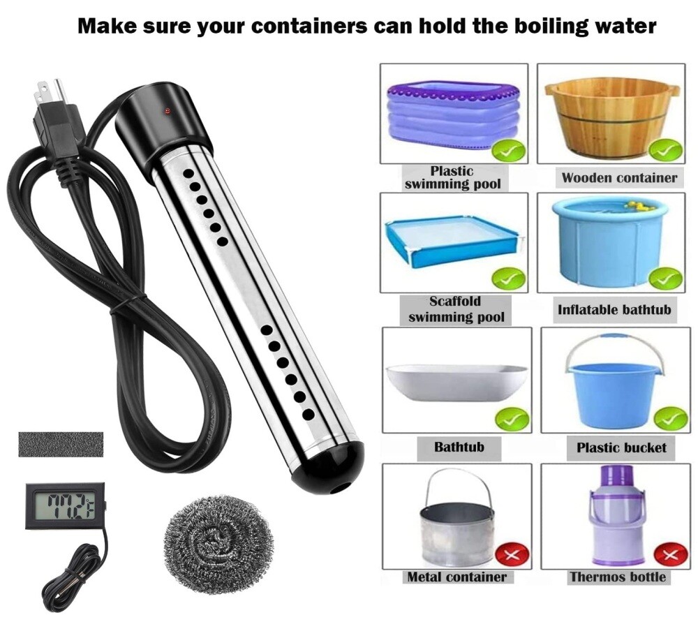 Immersion Water Heater 1500W Submersible Portable Electric Quick Bucket Heater