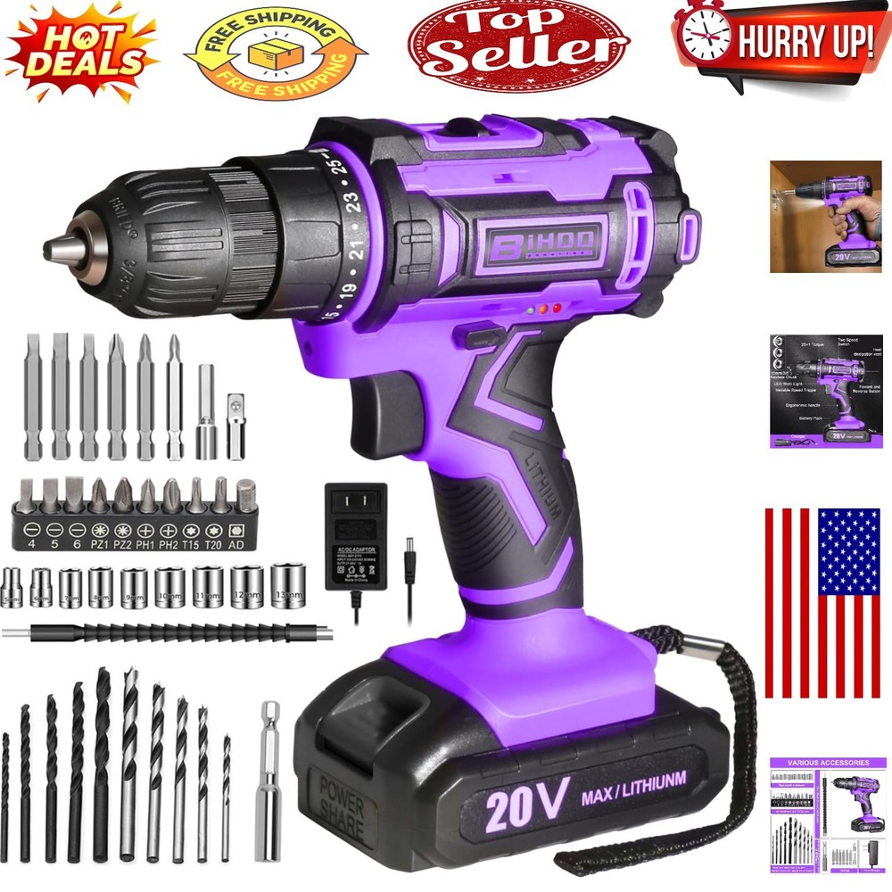 20V Cordless Power Drill Kit with 43 Bits & LED Light