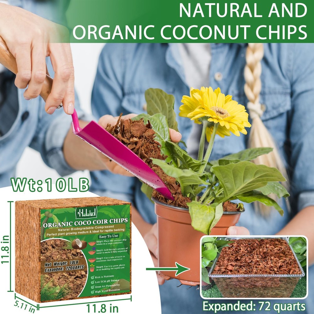 10LB Compressed Coconut Coir Chips, 100% Natural Organic Coco Husk Chips Coco...