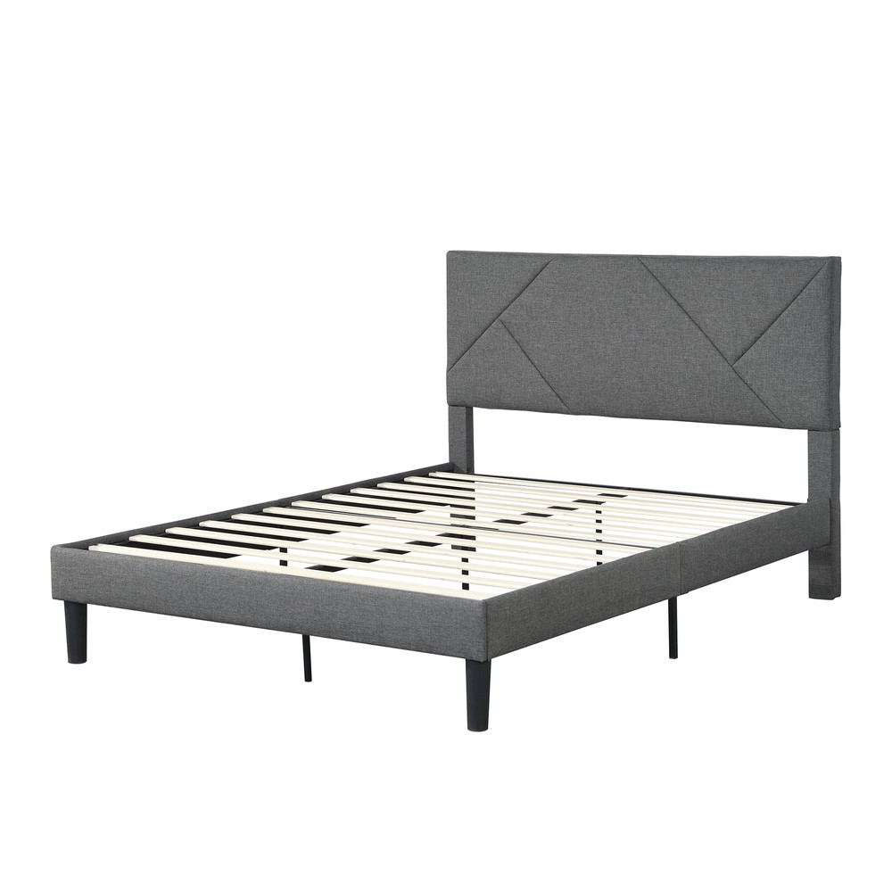 Full Size Upholstered Platform Bed Frame with Headboard, Strong Wood Slat Suppor