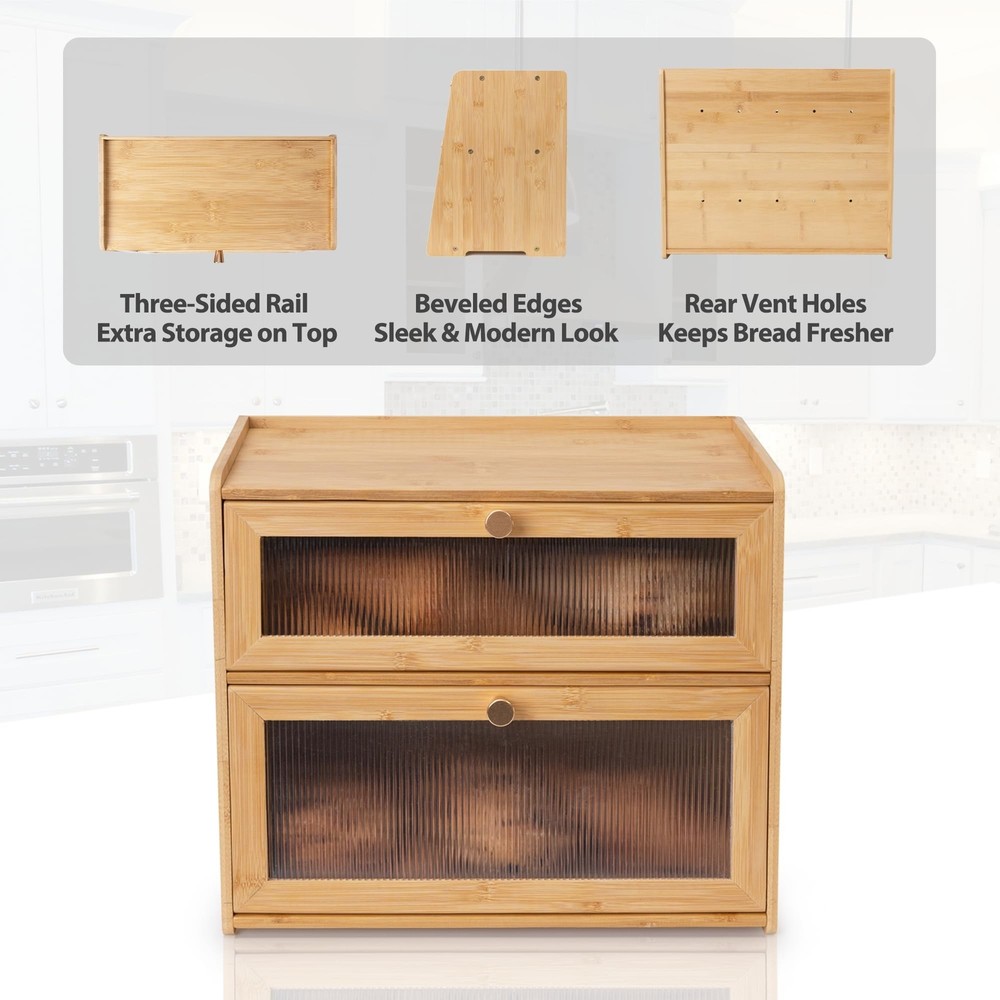 Bamboo Bread Box 2 Layers for Kitchen Counter-Large Capacity Bread Storage Co...