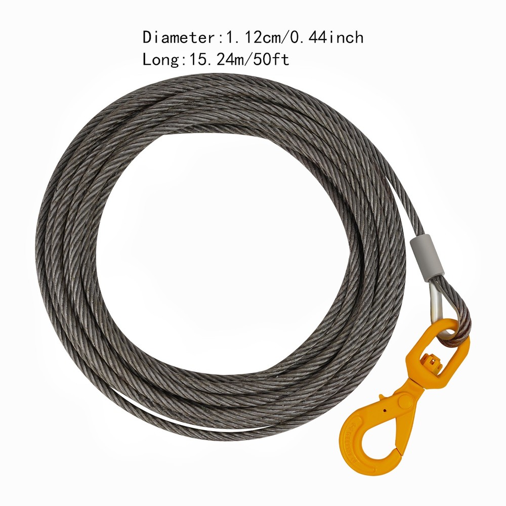 Wire Rope Winch Cable,7/16"*50ft Winch Cable with Self Locking Hook Carbon Steel