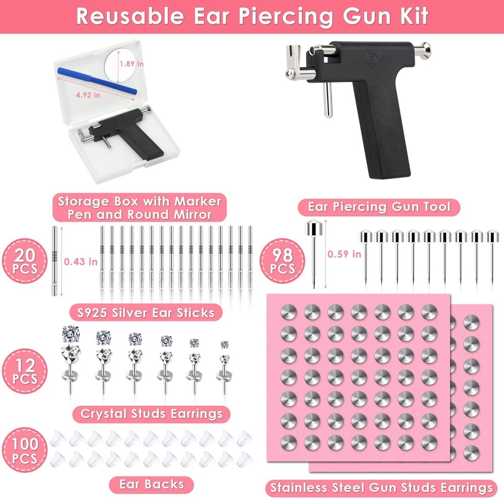 Professional Ear Piercing Gun Kit, Reusable with Stainless Black