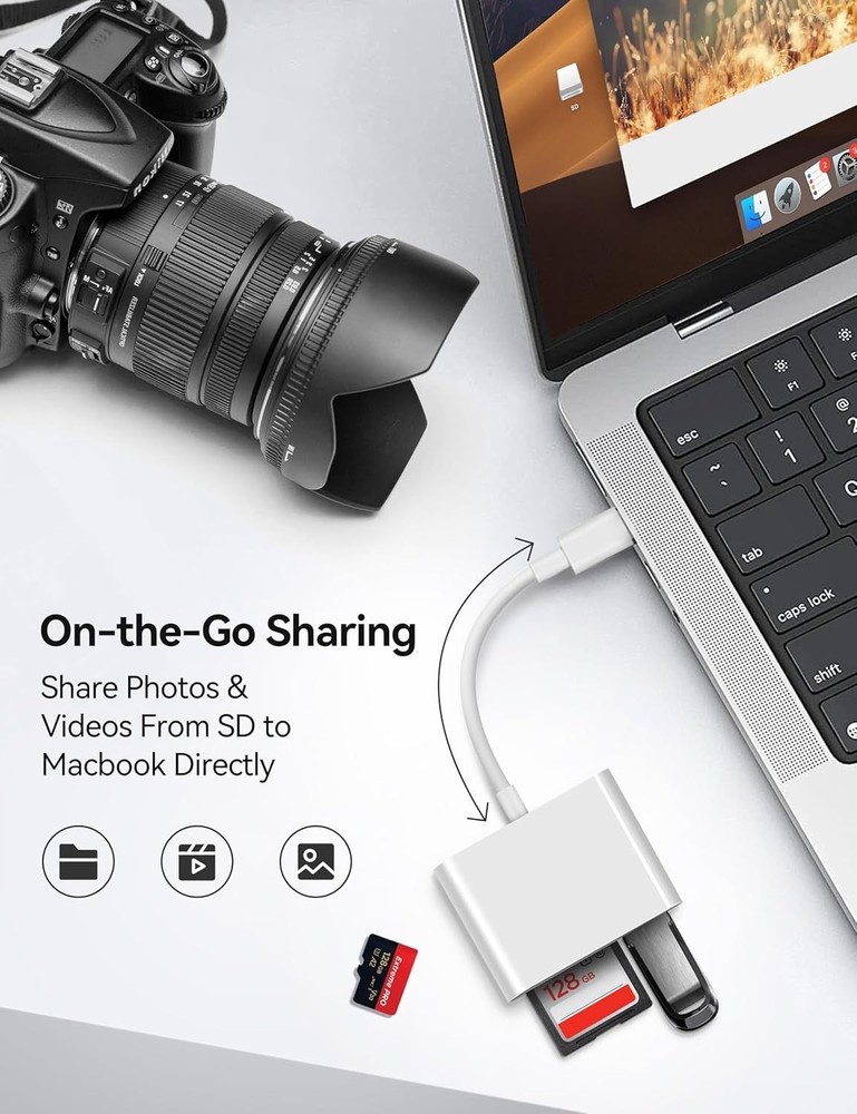 USB C SD Card Reader for iPhone 15 16 iPad Mac 3 in 1 USB-C Memory Trail Camera