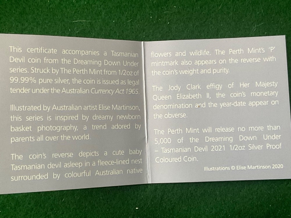 2021 DREAMING DOWN UNDER TASMANIAN DEVIL 1/2oz SILVER PROOF COLORED COIN -T11