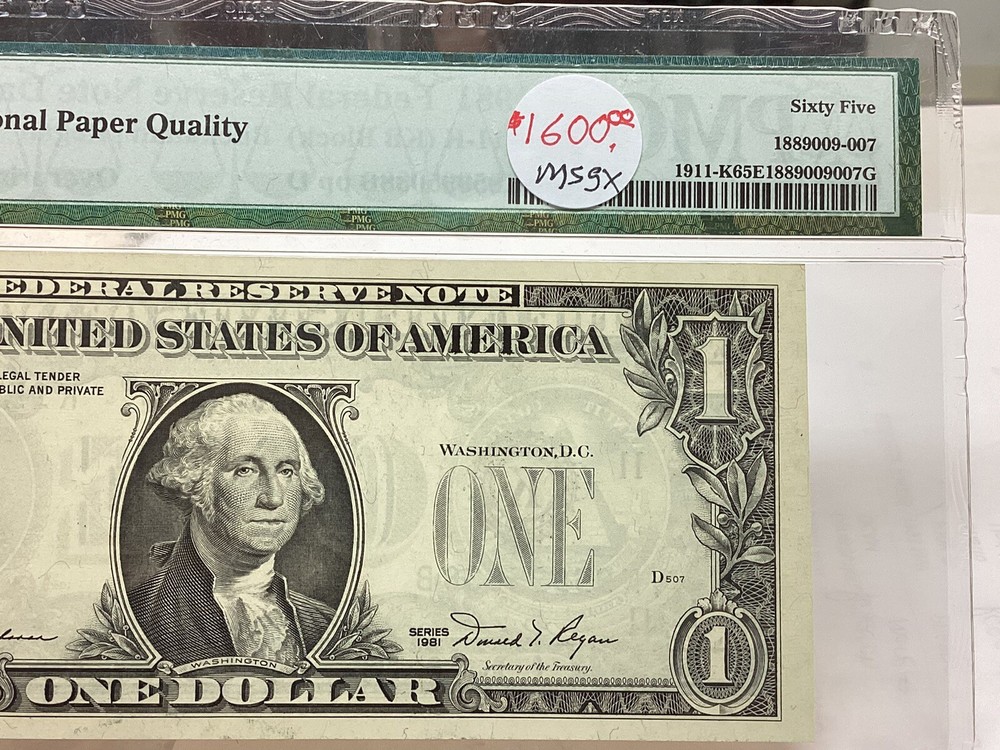 $1 1981 PMG 66 EPQ And 65 EPQ Consecutive Pair Overprint On Back Errors-2 Notes
