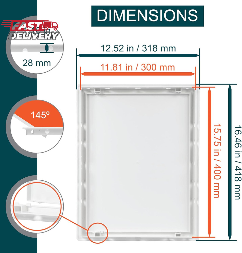 12" X 16" White Plastic Access Panel. Service Shaft Door Panel. Plumbing, Electr