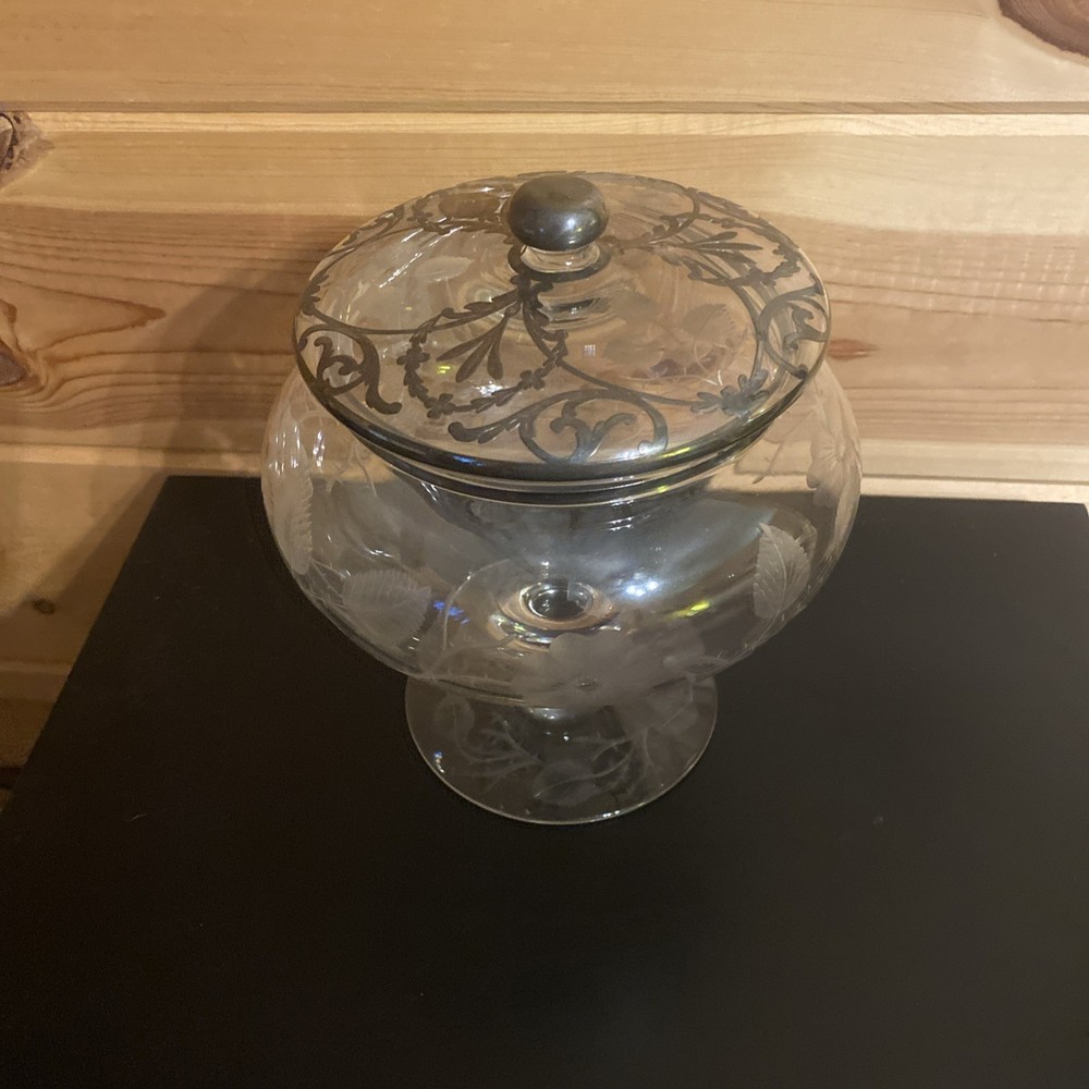 Etched Glass Compote With Silver Overlay Beautiful!