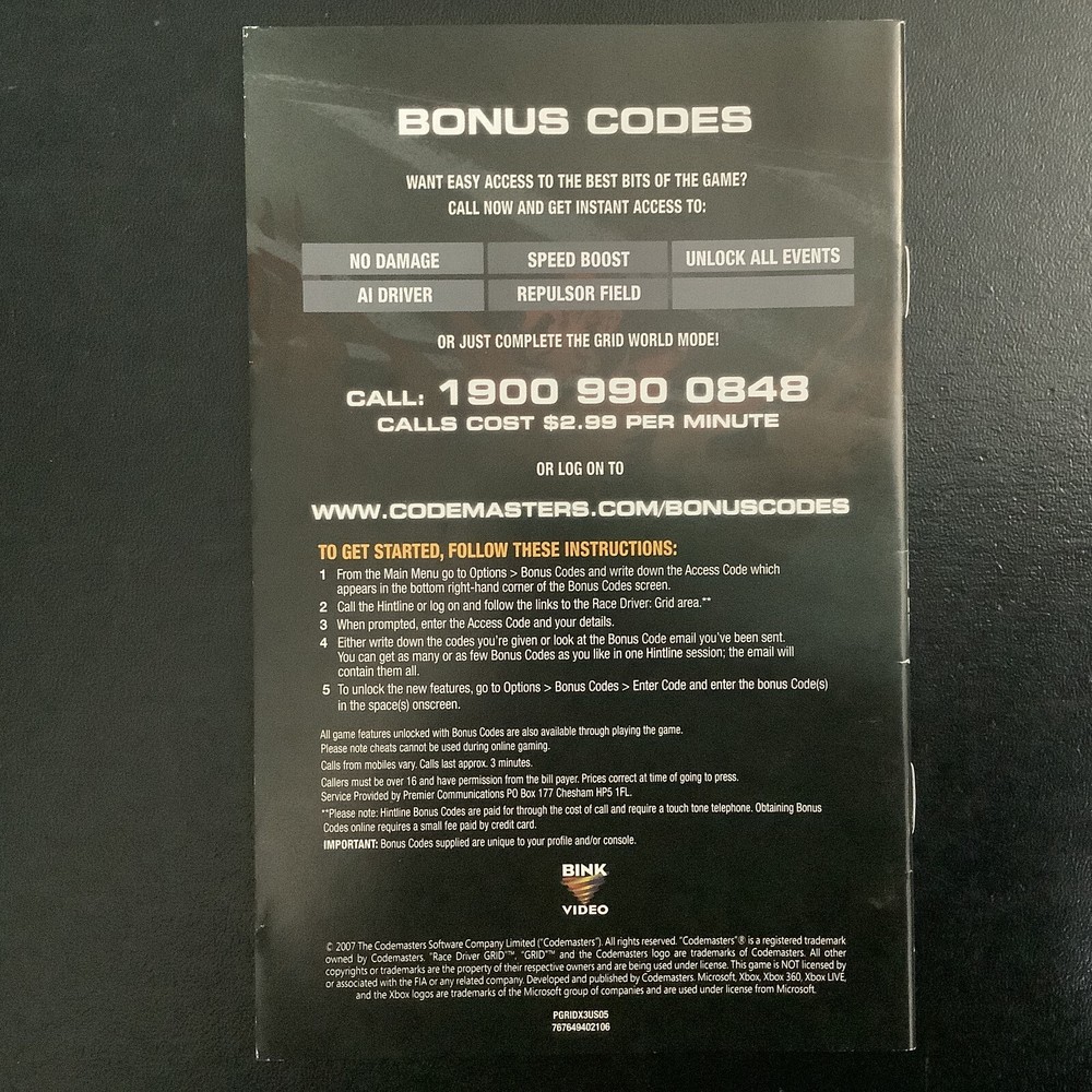 GRID 1 Microsoft Xbox 360 Instruction Manual Only