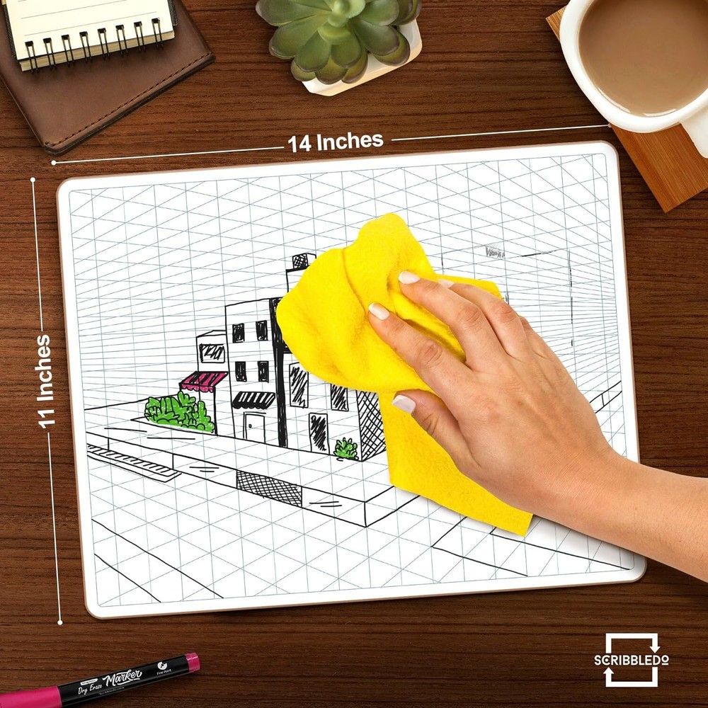 SCRIBBLEDO 2 Point Perspective Grid 11”x14” Large Graph Dry Erase Board White