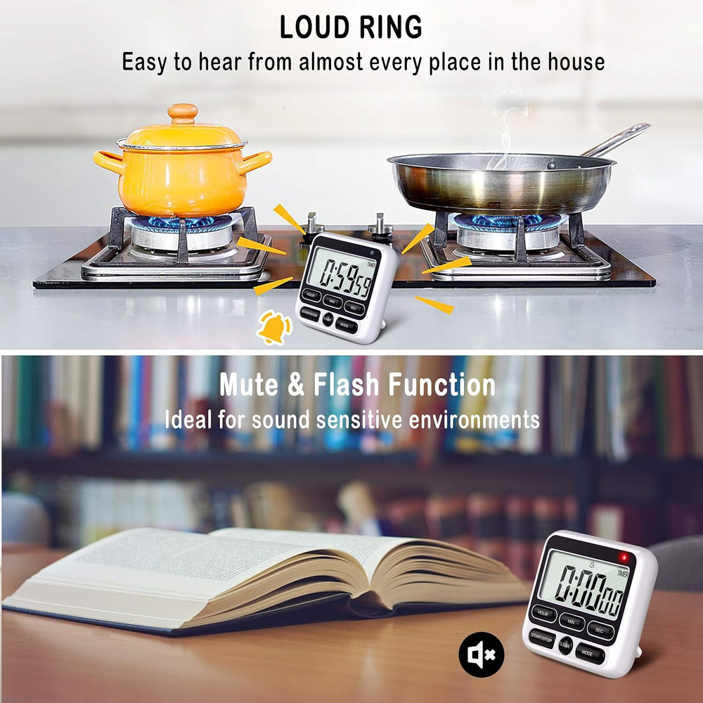 Digital Kitchen Timer with Mute/Loud Alarm Switch On/Off Switch, 12-Hour Clock &