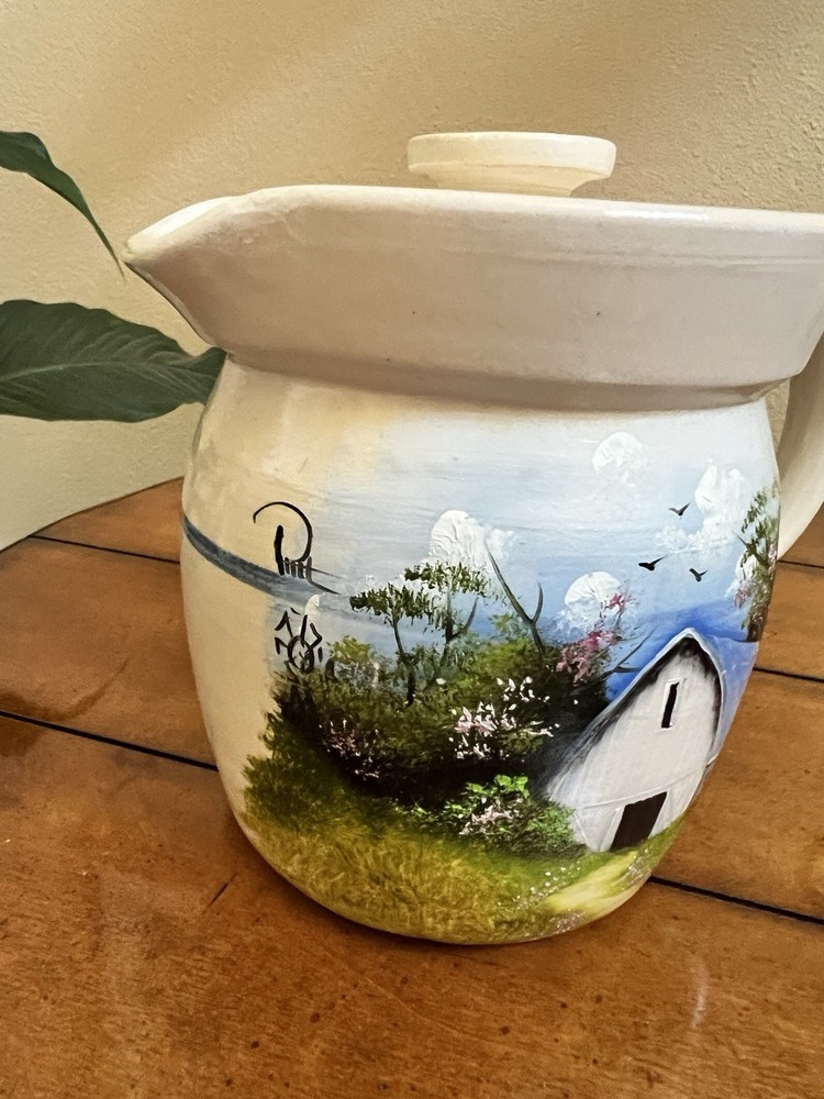Vintage Hand-painted Farm Barn Scene on Ceramic Handled Pitcher Signed
