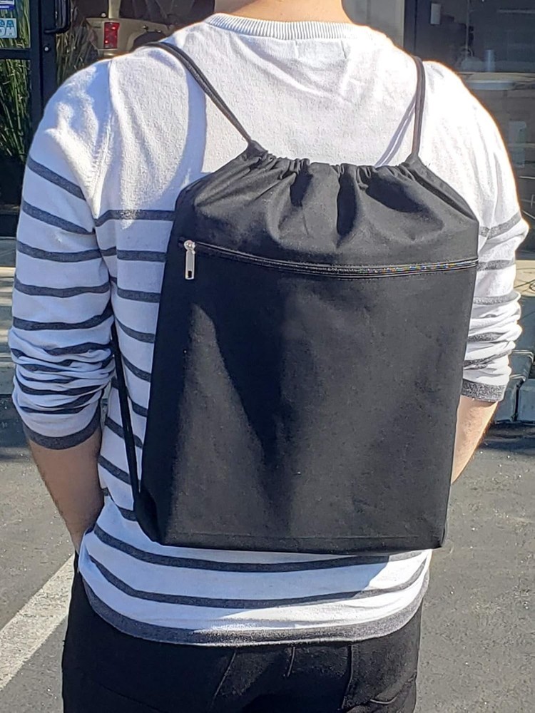 TBF Cotton Canvas Drawstring Backpack with Zippered Front Set of 12, Black