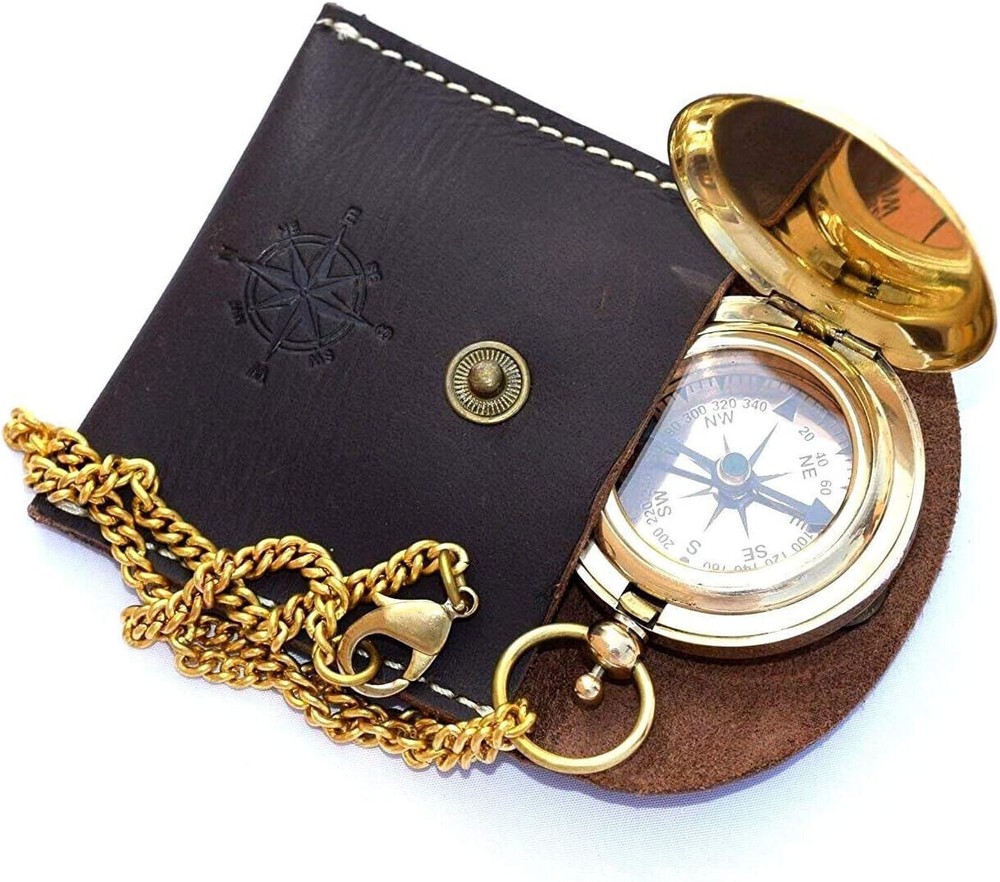 Brass Push Open Compass On Chain With Leather Case Pocket Handmade Compass Gift