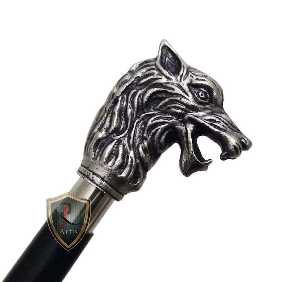Nautical Solid Dragon Wolf Head Design Handle Wooden Style Walking Stick Cane