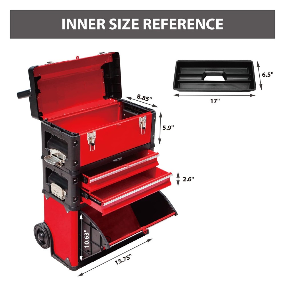 BIG RED Stackable Portable Metal Tool Box Organizer with Wheels, 2 Drawers,Red