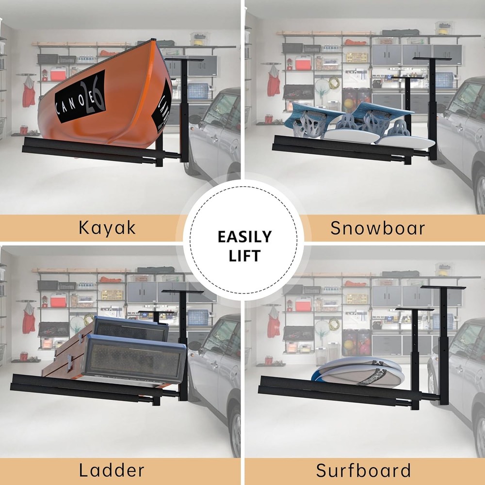 Adjustable Ladder Ceiling Rack, Kayak Overhead Garage Storage Black
