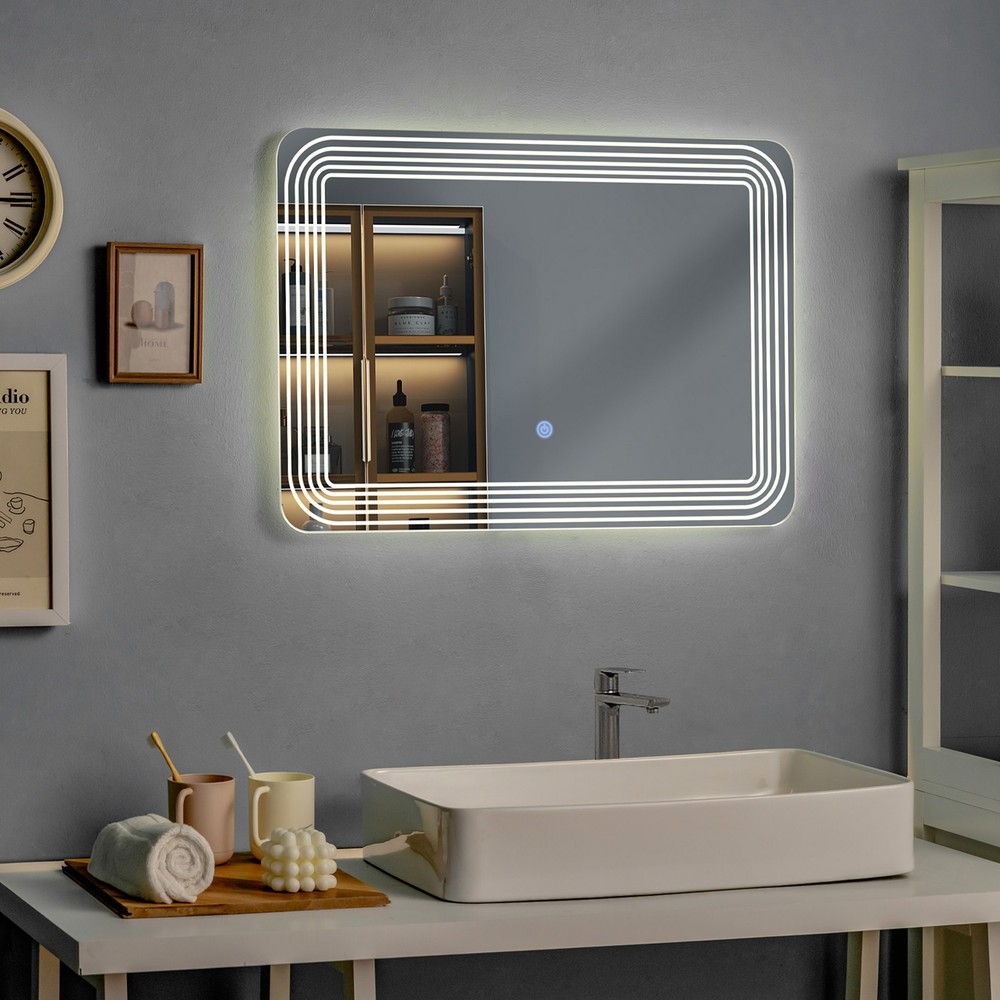 Rectangle Bathroom LED Mirror Wall Mounted 3-Color Dimmable Touch Switch Makeup