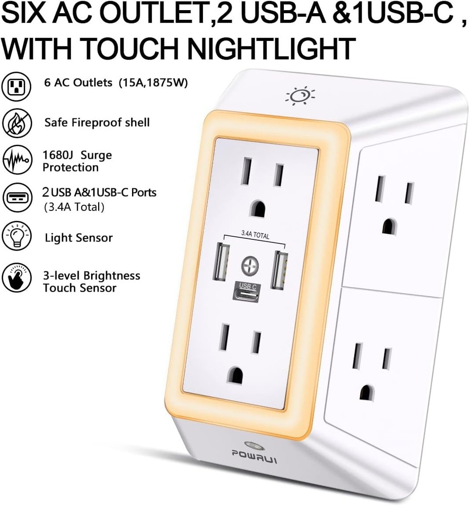Multi Plug 6 Outlet Surge Protector Extender with 3 USB Ports (1 USB C)