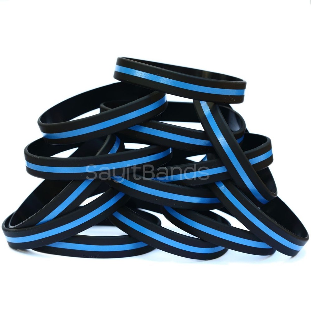 100 Thin Blue Line Wristbands - Standard Size Bracelet Bands